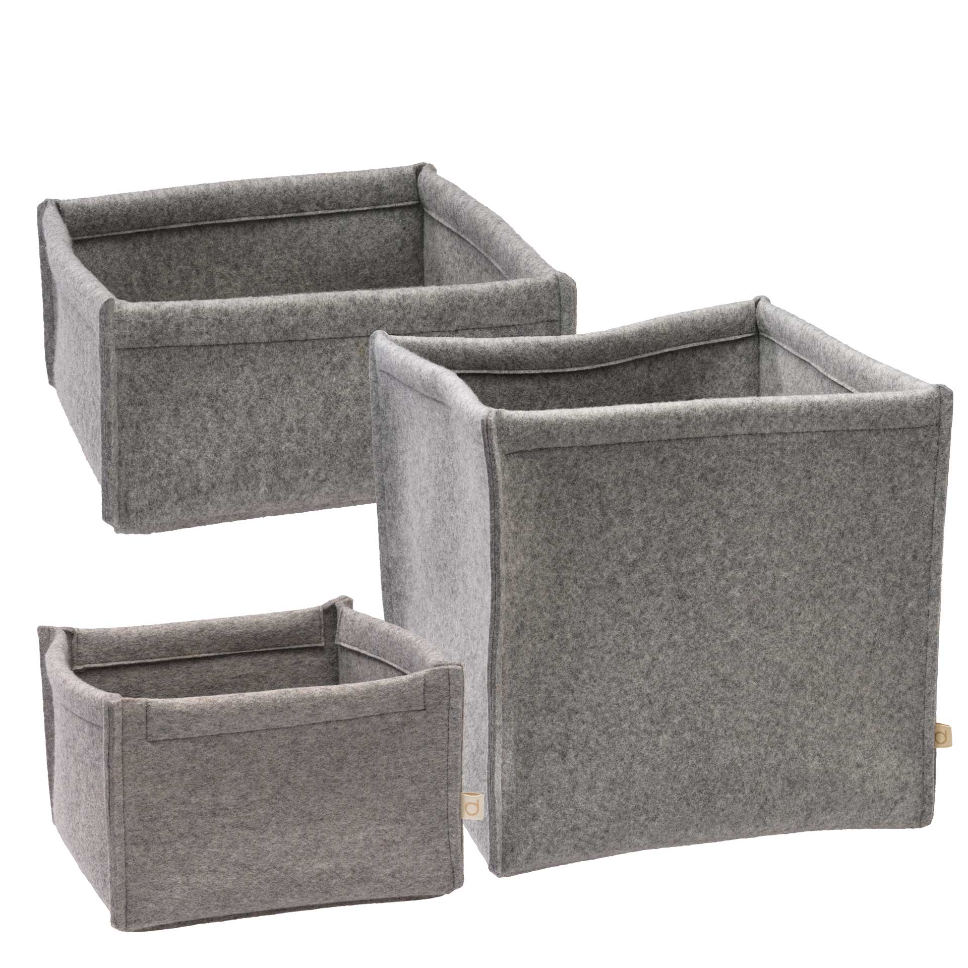 3 disana Filz-Boxen in 30x30x30, 30x30x15 cm und 20x20x15 cm nebeneinander stehend, Bio-Recycling-Filz aus Bio-Merinowolle