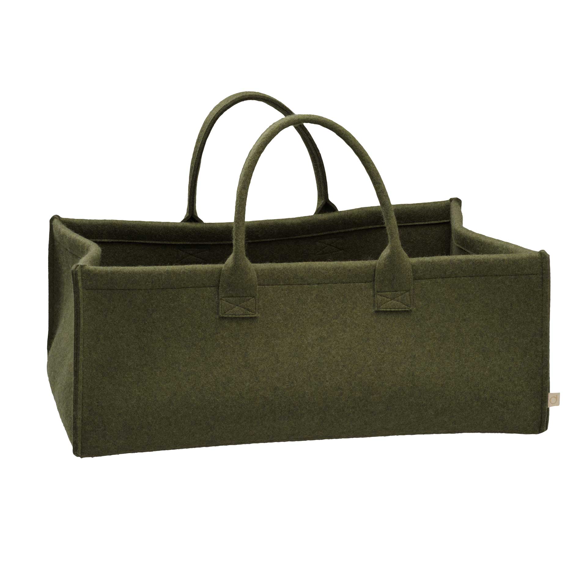 Rechteckiger disana Aufbewahrungskorb aus olivem Bio-Recycling-Filz mit zwei Tragegriffen auf weißem Hintergrund.